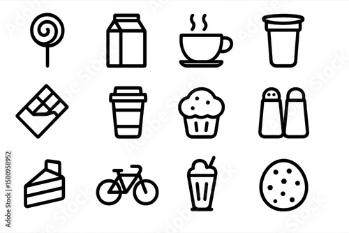 Simple line icons of food and drinks: coffee, cupcake, lollipop, and more