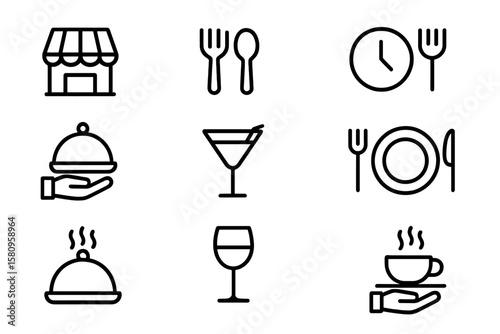 Restaurant icon set featuring culinary and dining elements in linear style on black background
