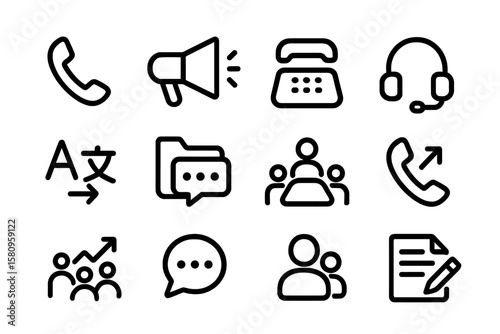 Communication and business icon set: minimalist black line designs