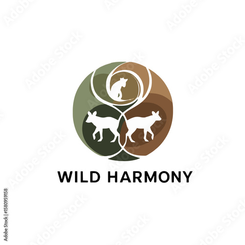 Circular logo featuring silhouettes of a cat and two wild dogs, symbolizing wild harmony.