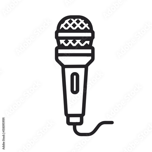 Minimalistic black and white line art illustration of a microphone  