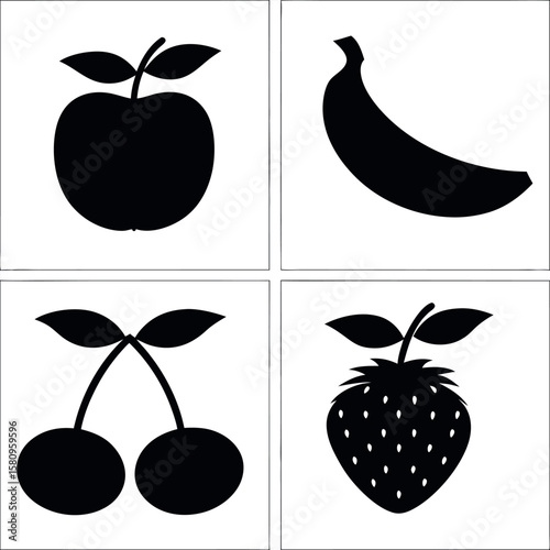 Four fruit icons apple banana cherries strawberry silhouette