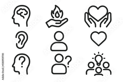 Line art icons: mind, listening, creativity, and empathy on dark background