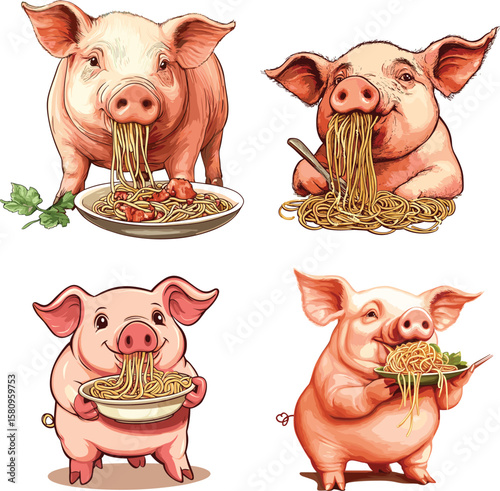 pig eating spaghetti vector style on white background 