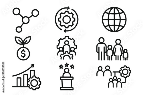 Minimalist business icons set: growth, leadership, global connectivity, teamwork