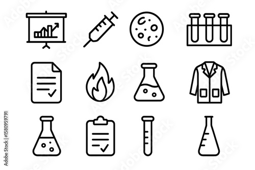 Minimalist science icons: lab equipment, charts, and experiments on gradient background