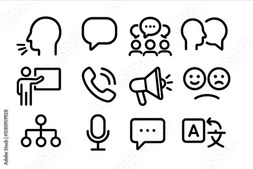 Communication icons: speech, discussion, presentation, translation, and feedback symbols