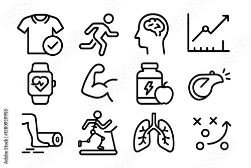 Fitness and health line icons on dark background with sport and wellness themes