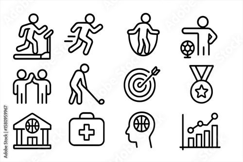 Sports icons set: fitness, games, and activities in linear style