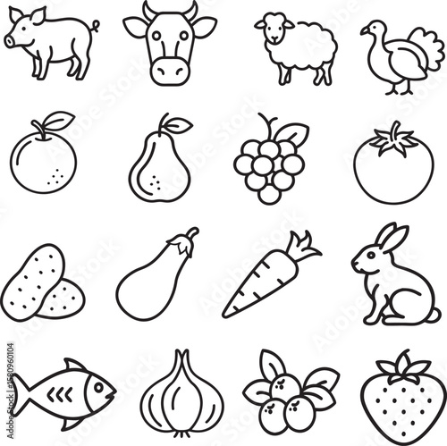 Food Groups Line Icon Set: Farm Animals, Fruits, and Vegetables