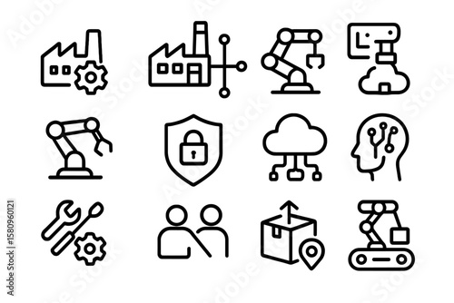 Industrial automation icons collection featuring robots and smart technology