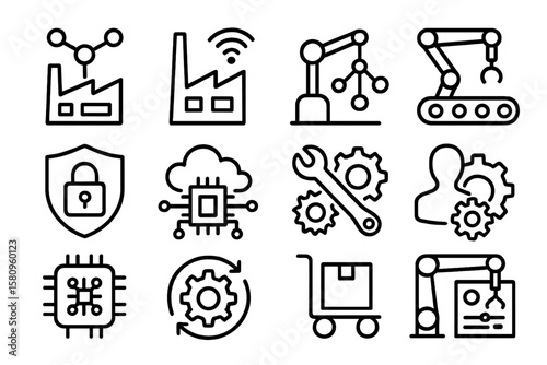 Industrial technology icons: automation, security, and robotics in linear style