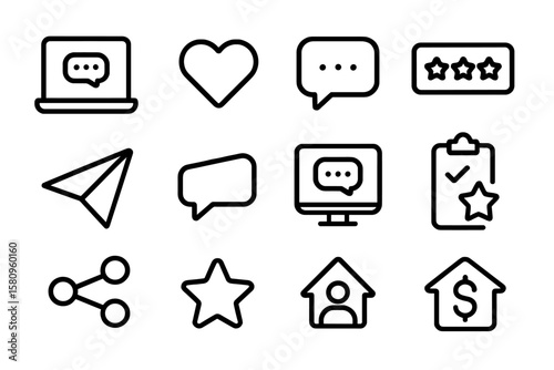 Minimalistic black icons for communication and rating on gradient background