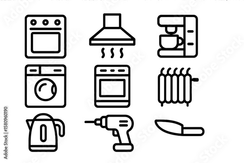 Home appliance icons: minimalist black-line kitchen and laundry set