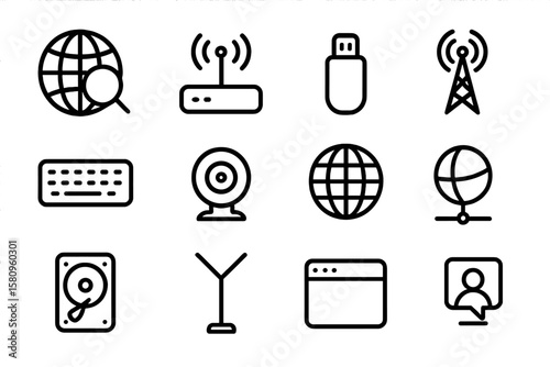 Technology icons set: minimalist communication and networking symbols