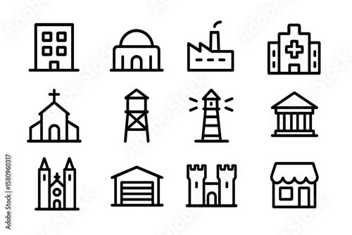 Linear black icons of buildings and landmarks on gradient background