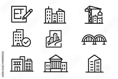 Architectural icons set featuring buildings and structures on textured background