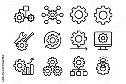 Minimalist gear and configuration icons on dark background for technology and business