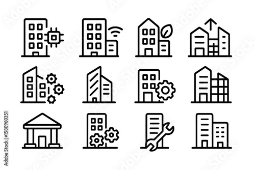Modern business building icons in minimalist linear design