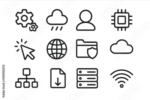 Monochrome linear technology icons set with cloud and networking elements