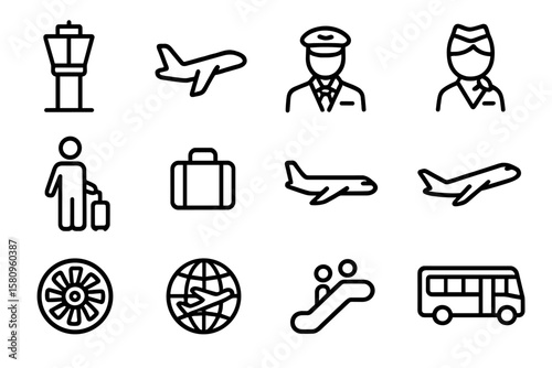 Minimalist air travel icons set featuring airplane, pilot, and luggage