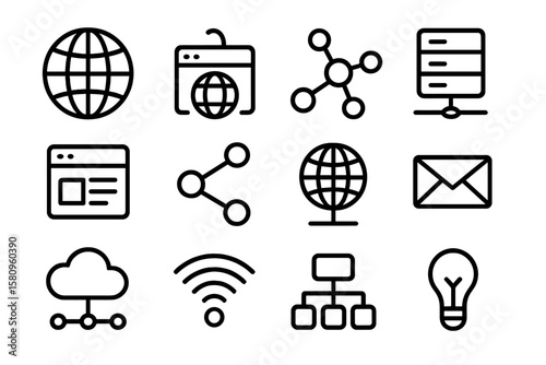 Simple network and communication icons set on dark background