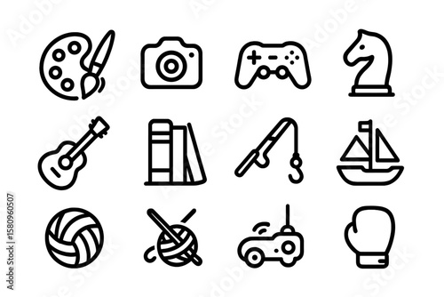 Minimalist hobby icons set featuring arts, photography, fishing, and sports