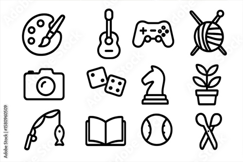Hobbies and activities icons set featuring outline style with various pastimes