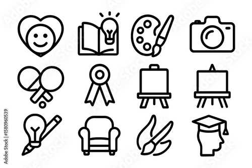 Creative activity icons: art, education, and recreation in linear style