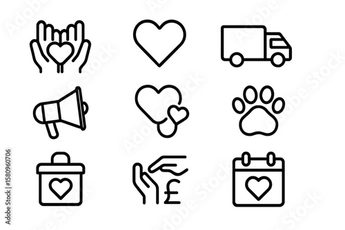 Charity icons: linear symbols of love and giving in minimalist style
