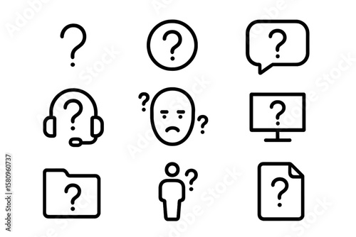 Mystery icons set: question mark symbols for diverse contexts in black silhouette style