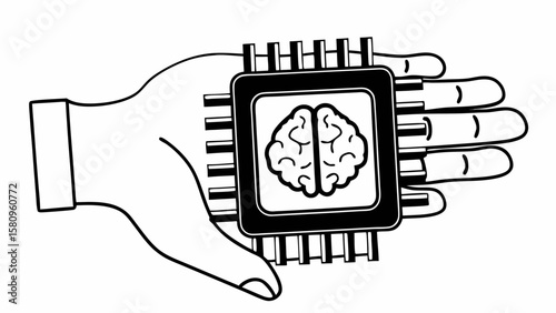 Hand holding a computer chip with a brain symbol inside of it