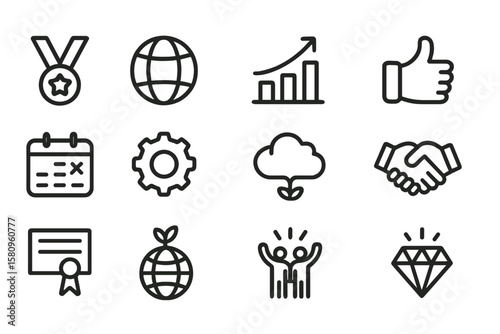 Icon set featuring business and success symbols in minimal line style