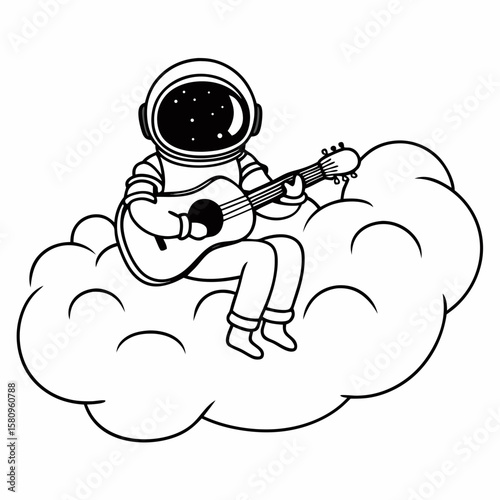 Astronaut Playing Guitar on a Cloud Black and White Illustration