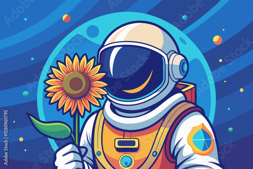 Astronaut Holding Sunflower in Space Surrounded by Planets and Stars