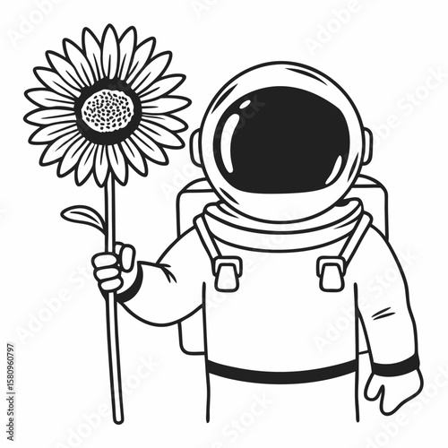 Astronaut Holding a Sunflower A Black and White Line Art Illustration