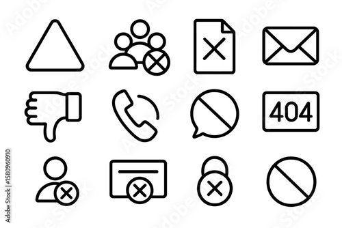 Minimalist black icons for error and communication themes
