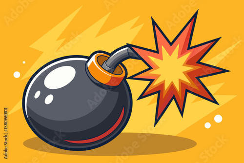 Cartoon Bomb Exploding with Orange and Red Starburst on Yellow Background