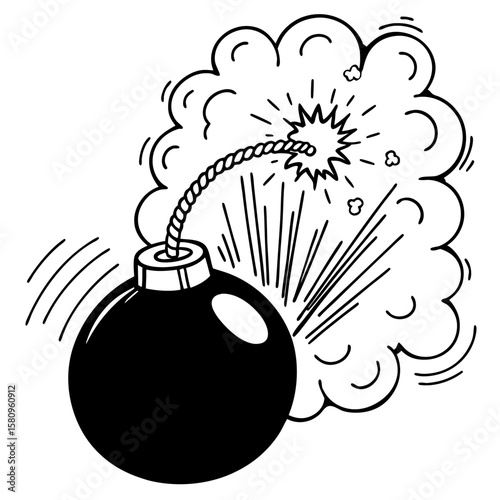 Cartoon Bomb with Lit Fuse and Explosion Cloud in Black and White