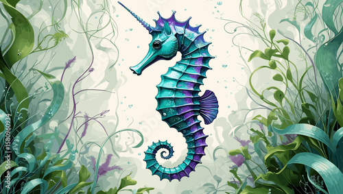 Colorful seahorse swimming amidst green marine vegetation in a vibrant underwater scene