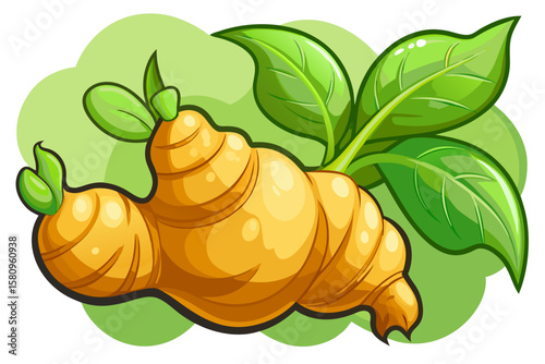 Cartoon Illustration of Fresh Ginger Root with Green Leaves on Green Background