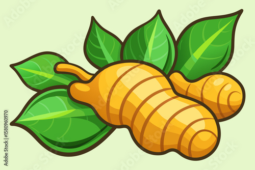 Cartoon Illustration of Ginger Root with Green Leaves on a Light Background