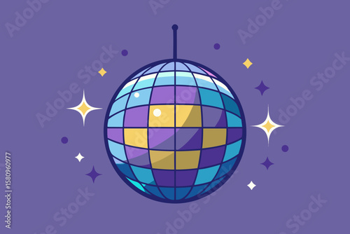 Colorful Disco Ball with Sparkling Stars on a Purple Background Illustration