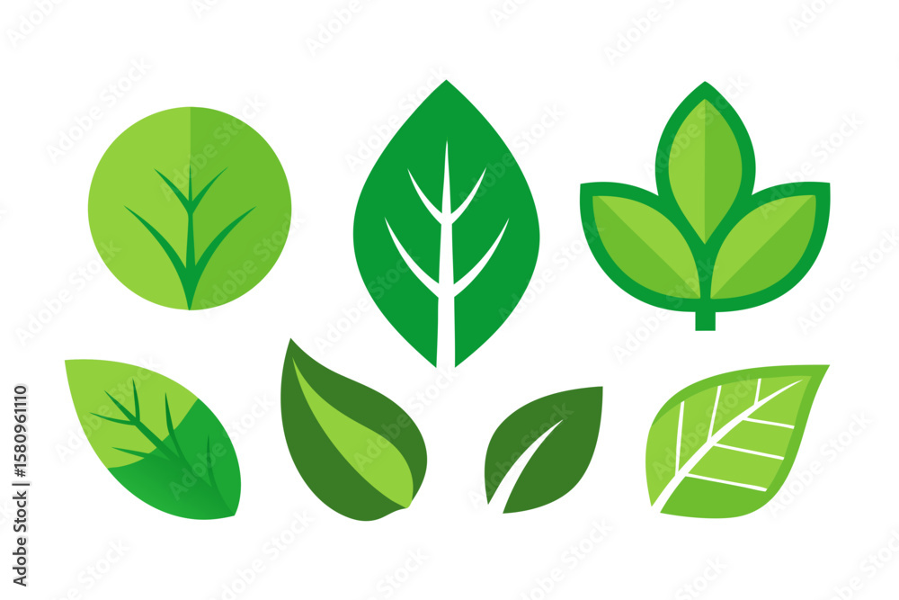 Naklejka premium Collection of stylized green leaf icons with different shapes and vein patterns