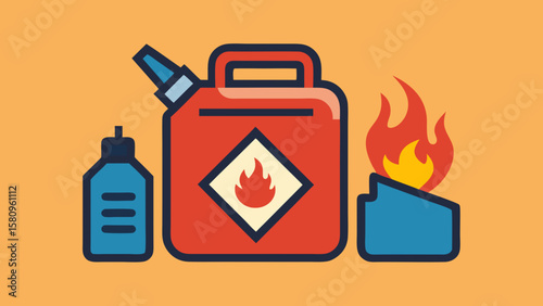 Fuel and Fire Illustration of Flammable Materials and Combustion on Orange Background
