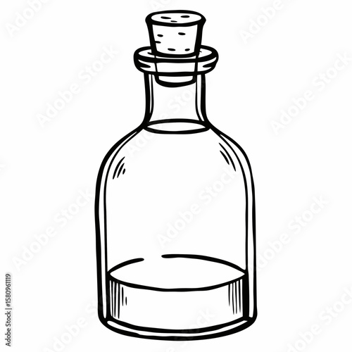 Hand Drawn Glass Bottle with Cork Stopper Illustration in Black and White