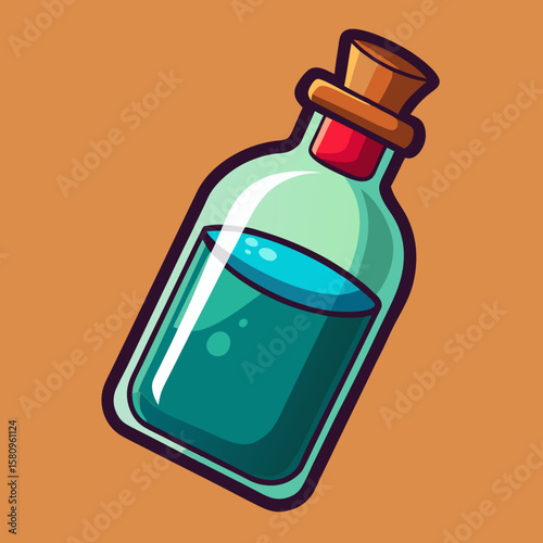 Stylized Potion Bottle with Cork Stopper and Teal Liquid on Orange Background