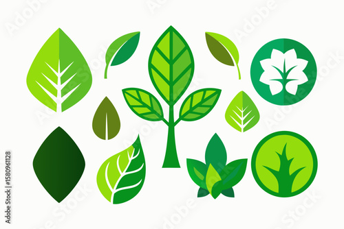 Assorted Green Leaf Illustrations on White Background for Nature and Ecology Designs