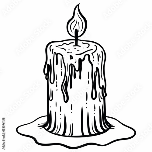 Hand Drawn Candle with Dripping Wax and Flame in Black and White