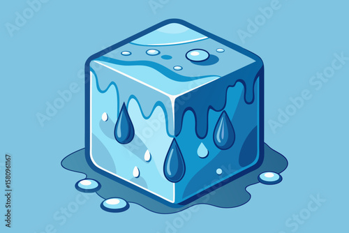 Melting Ice Cube with Water Droplets and Puddle on a Blue Background